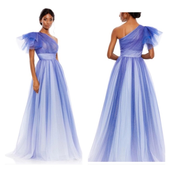 Mac Duggal 20377 NWOT  Size 14 GLITTER OMBRE RUFFLED ONE SHOULDER BALLGOWN - Picture 1 of 7